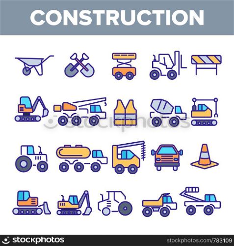 Construction Work Elements Linear Vector Icons Set. Construction, Building Tools, Equipment Pack. Engineering, Heavy Machinery, Transportation Pictograms Collection. Isolated Industrial Outline Signs. Construction Work Elements Linear Vector Icons Set