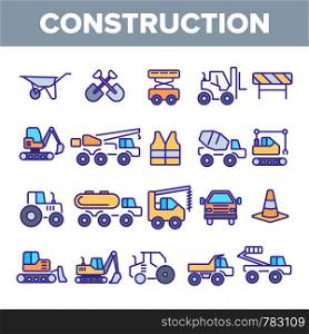 Construction Work Elements Linear Vector Icons Set. Construction, Building Tools, Equipment Pack. Engineering, Heavy Machinery, Transportation Pictograms Collection. Isolated Industrial Outline Signs. Construction Work Elements Linear Vector Icons Set
