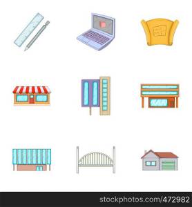 Construction work icons set. Cartoon set of 9 construction work vector icons for web isolated on white background. Construction work icons set, cartoon style