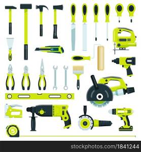 Construction work tools, carpentry equipment for repairs or building renovation. Screwdriver, wrench, hammer, circular saw flat vector set. Supplies for building or construction service. Construction work tools, carpentry equipment for repairs or building renovation. Screwdriver, wrench, hammer, circular saw flat vector set