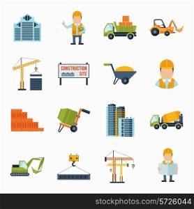 Construction worker building industrial tools icons flat set isolated vector illustration