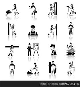 Construction worker cartoon character building brick wall with trowel black silhouette icons set abstract isolated vector illustration