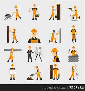 Construction worker character building with hand hammer drill in helmet flat icons set abstract isolated vector illustration