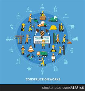 Construction worker colored composition with isolated icon set combined in big flat style round vector illustration. Construction Worker Colored Composition