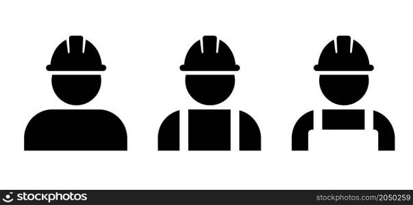 Construction worker in protective clothing and helmet. Person profile with safety helmet. Flat vector sign. Pictogram logo icon. Safety vest and equipment.