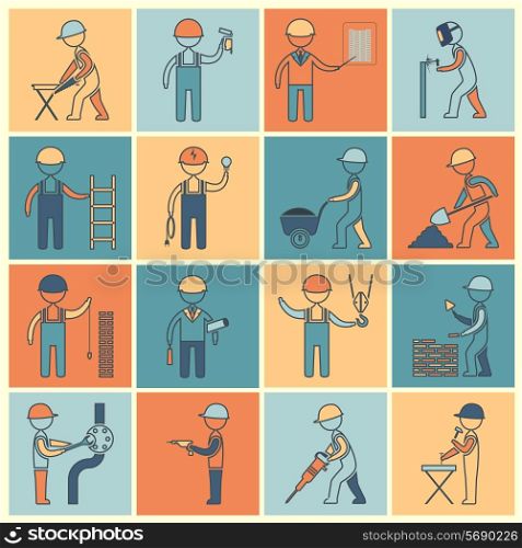 Construction worker industrial professionals silhouettes icons flat line set isolated vector illustration