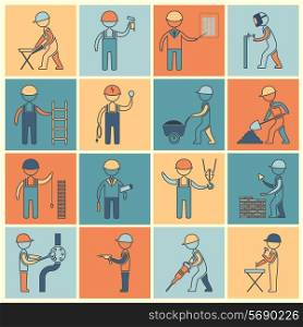 Construction worker industrial professionals silhouettes icons flat line set isolated vector illustration