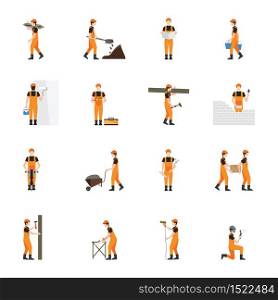 Construction worker man in helmet isolated on white background, character flat icons set vector illustration.