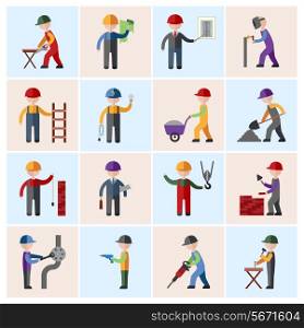 Construction worker people silhouettes icons flat set isolated vector illustration