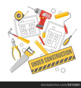 Construction worker pictograms composition banner . Construction worker building project technical drawing carpentry tools and accessories decorative pictograms composition poster abstract vector illustration