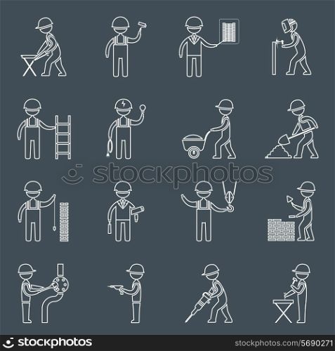Construction worker service profession silhouettes icons outline set isolated vector illustration