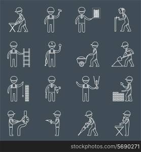 Construction worker service profession silhouettes icons outline set isolated vector illustration