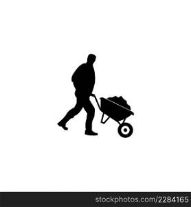 Construction worker walking with wheelbarrow vector silhouette illustration.