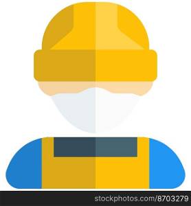 Construction worker with headgear having mask on