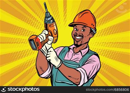 Construction worker with the repair tool drill. African American people. Comic book cartoon pop art retro colored drawing vintage illustration. Construction African American worker with the drill