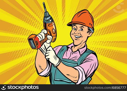 Construction worker with the repair tool drill. Comic book cartoon pop art retro colored drawing vintage illustration. Construction worker with the repair tool drill