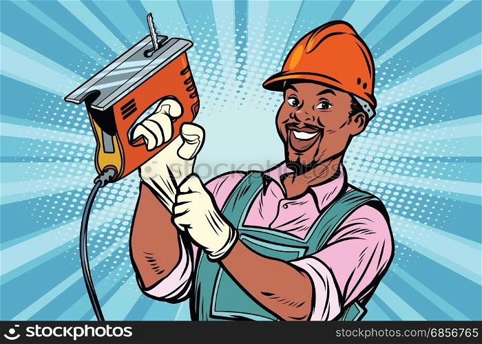 Construction worker with the repair tool jigsaw. African American people. Comic book cartoon pop art retro colored drawing vintage illustration. Construction worker with jigsaw