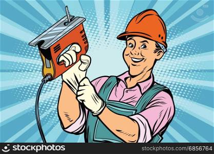 Construction worker with the repair tool jigsaw. Comic book cartoon pop art retro colored drawing vintage illustration. Construction worker with jigsaw