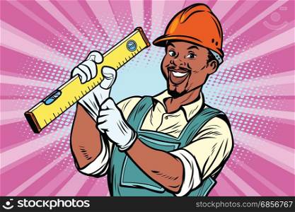 Construction worker with the repair tool level. African American people. Comic book cartoon pop art retro colored drawing vintage illustration. Construction worker with level