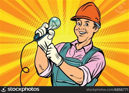 Construction worker with the repair tool light bulb. Comic book cartoon pop art retro colored drawing vintage illustration. Construction worker with light bulb
