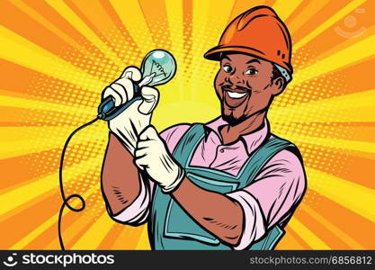 Construction worker with the repair tool light bulb. African American people. Comic book cartoon pop art retro colored drawing vintage illustration. Construction worker with light bulb