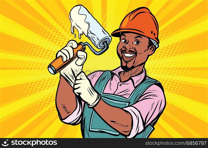 Construction worker with the repair tool roller for paint. African American people. Comic book cartoon pop art retro colored drawing vintage illustration. Construction worker with roller for paint