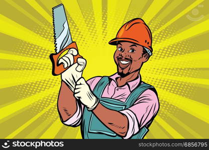 Construction worker with the repair tool saw. African American people. Comic book cartoon pop art retro colored drawing vintage illustration. Construction worker with saw