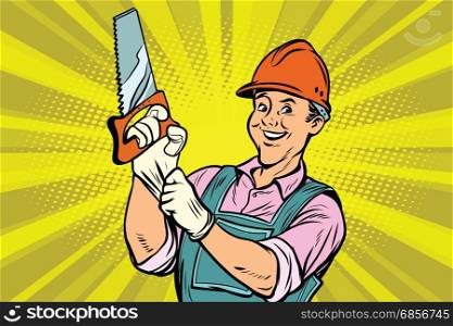Construction worker with the repair tool saw. Comic book cartoon pop art retro colored drawing vintage illustration. Construction worker with saw