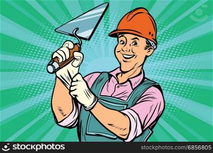 Construction worker with the repair tool trowell. Comic book cartoon pop art retro colored drawing vintage illustration. Construction worker with trowell