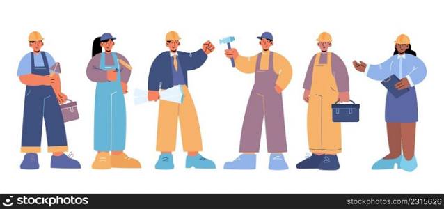 Construction workers, builder, engineer and technician. Vector flat illustration of people working in building industry, professional repairman, architect, house painter and foreman. Construction worker, builder, engineer, technician