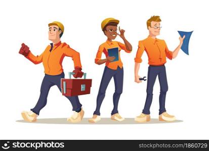 Construction workers builder, engineer or foreman characters with tools and blueprint. Architect with house plan, professional architecture building constructors in helmets Cartoon vector illustration. Construction workers builder, engineer or foreman