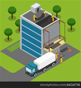 Construction Workers Completing Building Isometric Banner. Constructions workers completing modern glass paneled building roof isometric banner with cargo truck abstract vector illustration