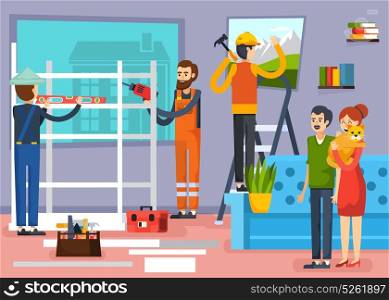 Construction Workers Flat Composition Poster. Urban home renovation flat composition poster with carpenters construction workers and apartment owners with pet vector illustration