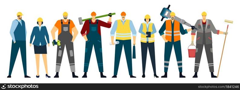 Construction workers standing together, builders and house repair team. Professional engineer, architect, contractor, builder vector set. Employees in uniform and hardhat with tools. Construction workers standing together, builders and house repair team. Professional engineer, architect, contractor, builder vector set