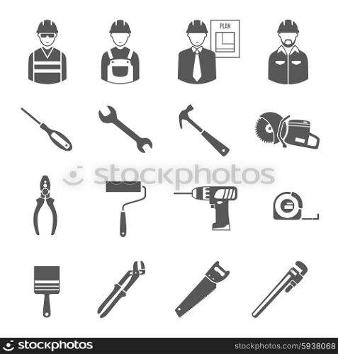 Construction workers tools black icons set . Construction engineer with technical project plan workers and tools 16 black icons set abstract isolated vector illustration