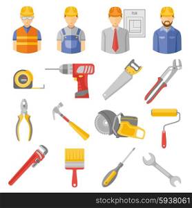 Construction workers tools flat icons set . Construction and renovation flat icons set with work project manager and carpentry tools abstract isolated vector illustration