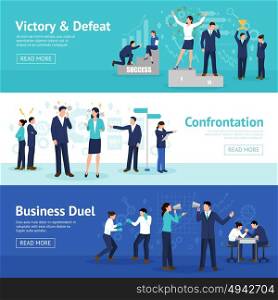 Constructive Business Confrontation Flat Banners Set . Constructive business confrontation principles for profitable result 3 flat horizontal banners webpage design isolated vector illustration