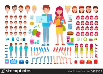 Constructor Students Cartoon Isolated Illustration. Constructor students isolated vector illustration on white. Cartoon icons of happy boy and girl, female and males heads, various bags and educational supplies