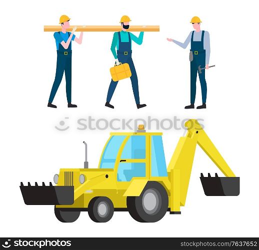 Constructors vector, people working building constructions boss and workers, manager giving tasks and supervising process, excavator machine isolated. Excavator and Workers Carrying Heavy Construction