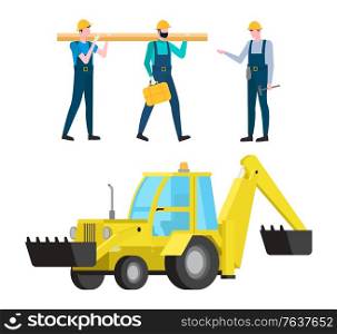Constructors vector, people working building constructions boss and workers, manager giving tasks and supervising process, excavator machine isolated. Excavator and Workers Carrying Heavy Construction