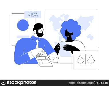Consult an immigration lawyer abstract concept vector illustration. Citizen talking with immigration lawyer in office, government services, embassy industry, advocate occupation abstract metaphor.. Consult an immigration lawyer abstract concept vector illustration.