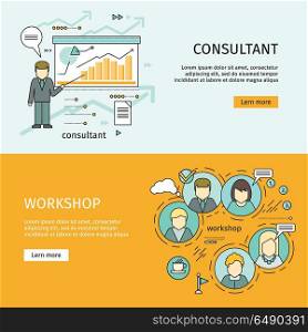 Consultant and workshop vector web banners. Flat style. Self development. Expert information support. Illustration for educational, consulting companies, career courses advertising, web page design. Set of Business Education Vector Web Banners. Set of Business Education Vector Web Banners