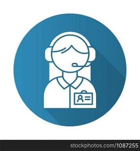 Consultant help blue flat design long shadow glyph icon. Call center manager in headset. Phone dispatcher, customer support operator. Helpline and telemarketing. Vector silhouette illustration