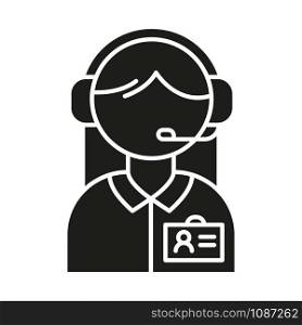 Consultant help glyph icon. Call center manager in headset. Phone dispatcher, customer support operator. Helpline and telemarketing. Silhouette symbol. Negative space. Vector isolated illustration