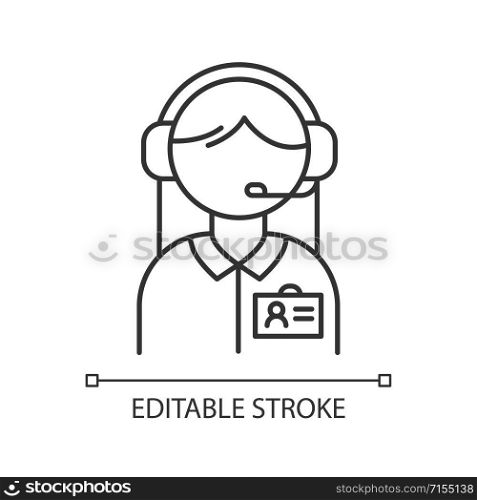 Consultant help linear icon. Call center manager. Customer support operator. Helpline and telemarketing. Thin line illustration. Contour symbol. Vector isolated outline drawing. Editable stroke