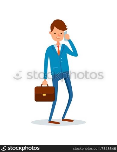 Consultant man, businessman talking on cell mobile phone with clients vector. Person busy with work, boss solving problems, executive with briefcase. Consultant Businessman Talking on Cell Clients