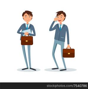Consultants at suits isolated vector. Businessman talking on cell mobile phone with clients. People busy at work, boss solving problems, executives with briefcase. Consultants at Suits Isolated Vector Businessman