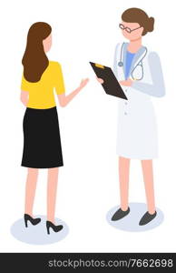 Consultation at doctors. Isolated characters talking about health condition and complaints of client. Doc with clipboard making notes. Healthcare in hospital or clinic, therapist in coat vector. Patient at Appointment with Doctor Making Notes