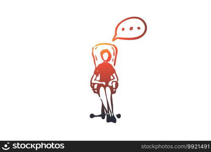 Consultation, corporate, communication, manager, service concept. Hand drawn woman sitting in chair and talking concept sketch. Isolated vector illustration.. Consultation, corporate, communication, manager, service concept. Hand drawn isolated vector.