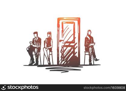 Consultation, testing, candidate, recruiting concept. Hand drawn people in office before testing concept sketch. Isolated vector illustration.. Consultation, testing, candidate, recruiting concept. Hand drawn isolated vector.